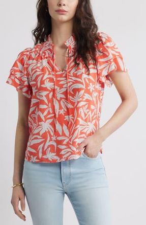 Caslon Ruffle Top in Coral- Blue Hattie Floral at Nordstrom Rack, Size Xx-Small