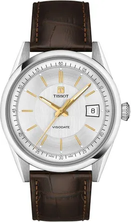 Tissot Visodate Leather Strap Watch, 39mm in Silver at Nordstrom