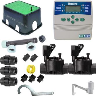 Hunter Kit Riego Automatico 2 Zonas 24v Hunter Para Tuberia 20mm Incluye Programador, Electrovalvulas Y Accesorios