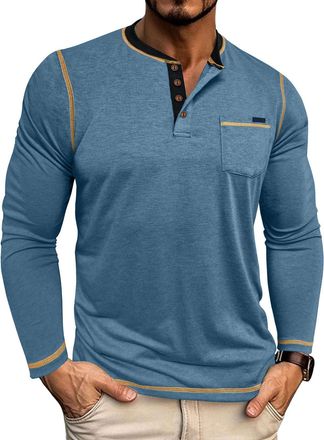 Generic Summer Shirts for Men, Mens Casual Grandad Collar Henley T Shirt Casual Buttons Tee Collarless Polo T-Shirts Tops Men Clothes Long Sleeve Shirts Mens 