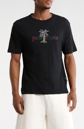 Palm Angels Logo Cotton & Linen T-Shirt in Black/white at Nordstrom Rack, Size Xx-Large