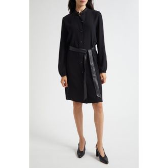 Vince Faux Leather Trim Long Sleeve Shirtdress in Black at Nordstrom Rack, Size Medium