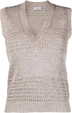 Brunello Cucinelli Sequin V-Neck Gebreid Vest - Dames - V-hals truien - Beige - M - Polyester - Truien & Vesten