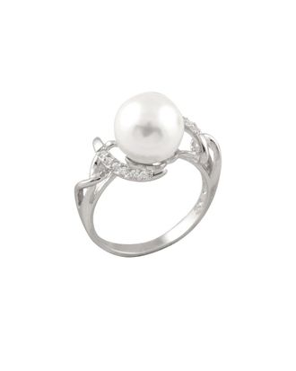 Splendid Pearls Silver 10mm Pearl CZ Ring