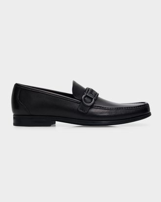 Ferragamo Men & apos;s Side-Gancini Leather Moccasin Loafers with Hand-Woven Strap