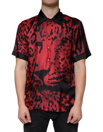 Dolce & Gabbana Mens Red Leopard Silk Button Down Casual Shirt