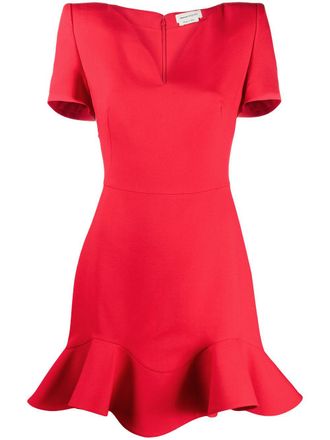 Alexander McQueen V-neck frilled hem dress - women - Silk/Silk/Polyamide/Acetate/Wool - 46 - Red