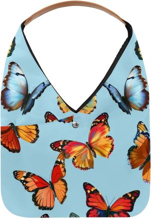 Generic Colored Butterflies Blue Background (5) Reusable Lightweight Grocery Bags - Foldable Into Compact Pouch, Washable & Sturdy, Multipurpose for Shopping 