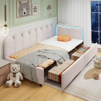 Merax 3ft Single Velvet Daybed with LED & 2 Storage Drawers for Children in Beige