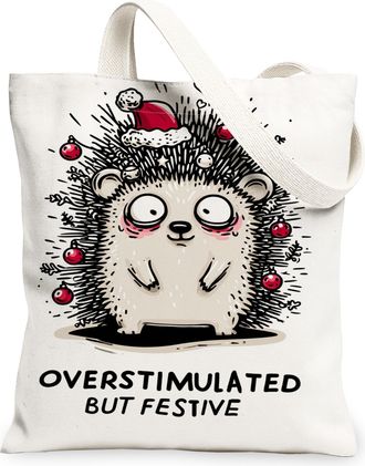 Generic Christmas Hedgehog Canvas Tote Bags, Fun Animal Pattern Reusable Grocery Bags, Holiday Lightweight Washable Shoulder Strap, White, 13x15 Inch