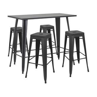 Oviala Mesa alta de jard&iacute;n y 4 taburetes de metal negro mate