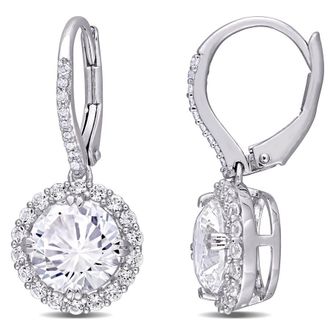 Amour 5 /12 CT TGW Created White Sapphire and 1/10 CT TW Diamond Halo Leverback Earrings In Sterling Silver