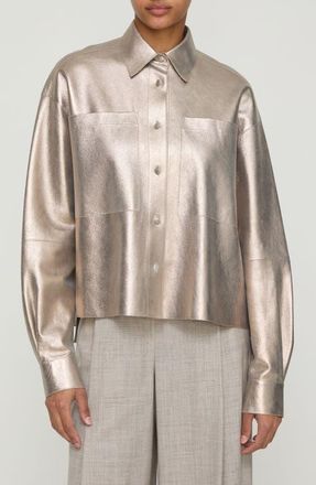 Lafayette 148 New York Metallic Stardust Suede Oversize Button-Up Shirt in Natural Metallic at Nordstrom, Size X-Large