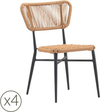 Kerama Pack de 4 sillas de jardin de aluminio negro y cuerda marr&oacute;n