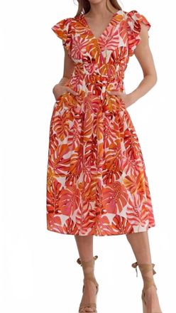 Entro Linda Leaves Midi Dress In Orange