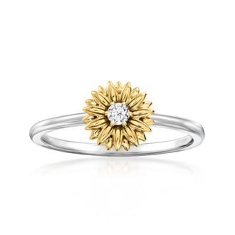Ross-Simons 14kt Yellow Gold and Sterling Silver Sunflower Ring With Single Lab-Grown Diamond