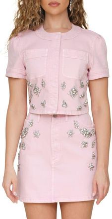 Avec Les Filles Rhinestone Embellished Short Sleeve Denim Shirt in Ballerina at Nordstrom, Size Large