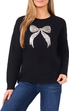 CeCe by Cynthia Steffe Sequin Bow Detail Sweater in Rich Black at Nordstrom, Size Xx-Small