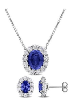 Delmar Halo Oval Cut Lab Created Blue Sapphire Stud Earrings & Pendant Necklace Set at Nordstrom Rack
