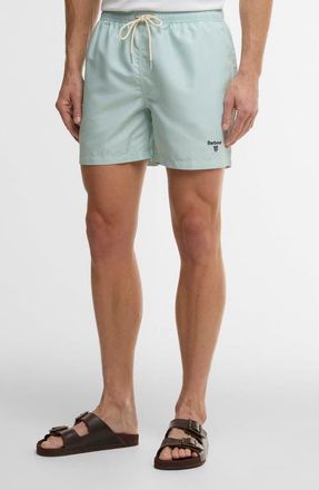 Barbour Water Reactive Leaf Print Swim Trunks in Mint Blue at Nordstrom, Size Xx-Large