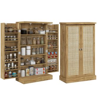 OEM Armario Despensa Cocina Con 2 Puertas De Rat&aacute;n Y 16 Estantes Alacena Moderna Con Estantes Ajustables 60x30x104cm Natural