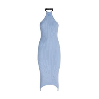 Courr&egrave;ges Geribbelde Midi Jurk met Halternek - Dames - Casual kleedjes - Blauw - M - Polyester - Kleedjes