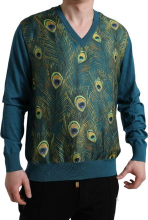 Dolce & Gabbana Mens Peacock Feather Jacquard Sweater Green Silk
