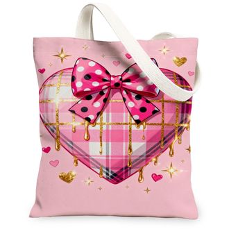 Generic Heart Pattern Canvas Tote Bags, Cute Plaid Bow Design Reusable Grocery Bags, Stylish Lightweight Washable Shoulder Strap Ca, Peach, 13x15 Inch