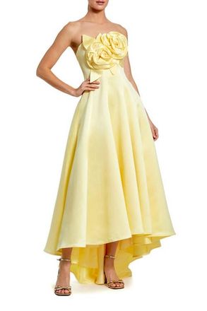 Mac Duggal Strapless Satin High Low Gown With 3D Flowers in Buttercup at Nordstrom, Size 12