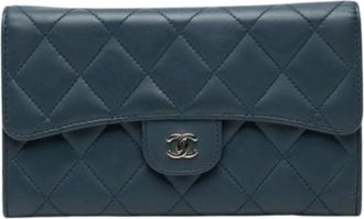 Chanel Pre-owned Quilted Lambskin Wallet - Dames - Vintage Clutch - Blauw - ONE Size - Leer - Vintage