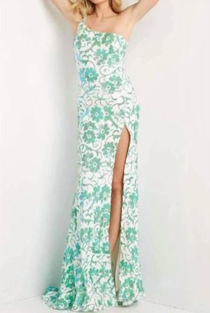 Jovani Floral Sequin Prom Gown In Ivory/emerald