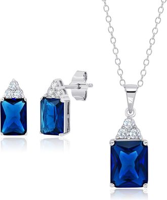 MAX + STONE 925 Sterling Silver Simulated Blue and White Sapphire Pendant Necklace and Studs