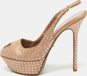 Sergio Rossi Light Brown Crystal Embellished Satin Peep Toe Platform Slingback Pumps