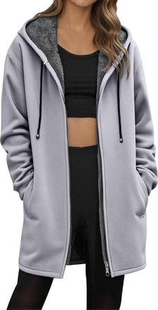Generic Womens Hoodies Zip Baggy Longline Hooded Sweatshirt Solid Long Sleeve Fleece Lined Zipper Jacket Winter Warm Coat With Pockets