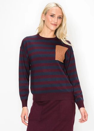 YAL New York Burgundy and Navy Striped Sweater with Pocket