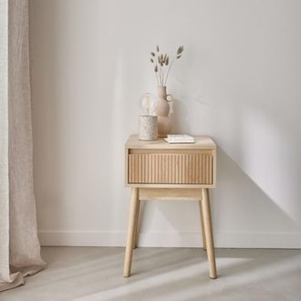 Sweeek Mesita de noche escandinava efecto madera con 1 caj&oacute;n, natural