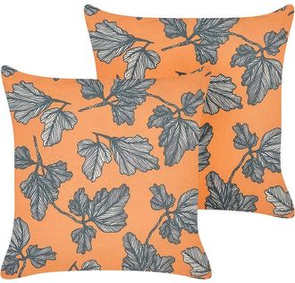 Beliani Beliani - Conjunto De 2 Cojines Naranja Negro 45 X 45 Cm Poli&eacute;ster Lino Algod&oacute;n Hojas Spirea