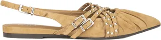Ash Brown Flat Sandals With Pleated Leather Upper And Metallic Accents