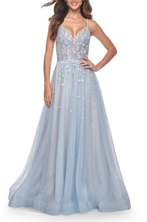 La Femme A-Line Tulle Gown with Unique Floral and Rhinestone Details in Light Blue at Nordstrom, Size 10