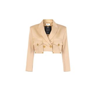 Elisabetta Franchi Blazers, female, Beige, Size: XL Cotton Gabardine Jacket with Cargo Pockets