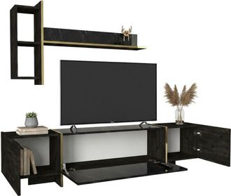 Dmora Mobile porta tv Beinasco, Credenza da soggiorno, Armadio basso per tv, Base parete attrezzata, 180x32h45 cm, Nero e Oro - Dmora