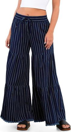 BILLY T Fancy Cotton Blend Tiered Pants in Dark Indigo Pinstripe at Nordstrom, Size X-Small