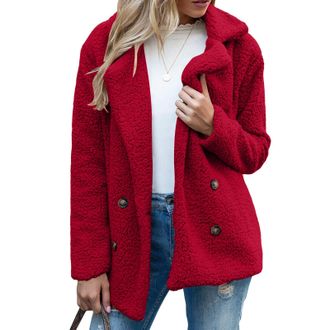 Generic Fleece Jacket Women Fuzzy Teddy Coat Ladies Winter Coats and Jackets Buttons Lapel Cardigan Autumn Casual Warm Outwear with Pockets (Red, XXL)