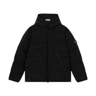 Stone Island Donsjack met capuchon en tunnelkoord zoom - Heren - Winterjassen - Zwart - M - Leer - Jassen