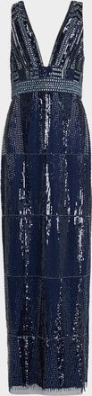 Aidan Mattox Beaded Deep V-Neck Column Gown