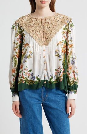 Farm Rio Sand Nature Lace Yoke Button-Up Shirt in Nature Sand at Nordstrom, Size Xx-Small