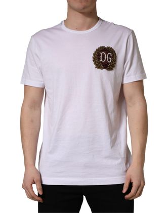 Dolce & Gabbana Mens White Dg Leaf Embroidery Crew Neck T-Shirt Cotton