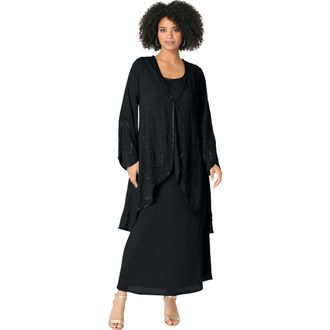 Roaman's Plus-Size 2 Piece Long Sleeve Beaded Georgette Gown Set With Detachable Jacket in Black at Nordstrom, Size 44