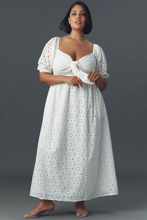 Eloquii Plus Short-Sleeve Tie-Neck Eyelet Maxi Dress