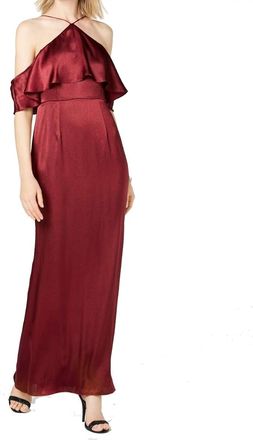 Adrianna Papell Halter Neck Cold Shoulder Gown In Maroon